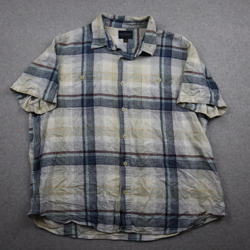 Lucky Brand Button Down Shirt Mens XL Blue Plaid Linen Blend Short Sleeve Casual